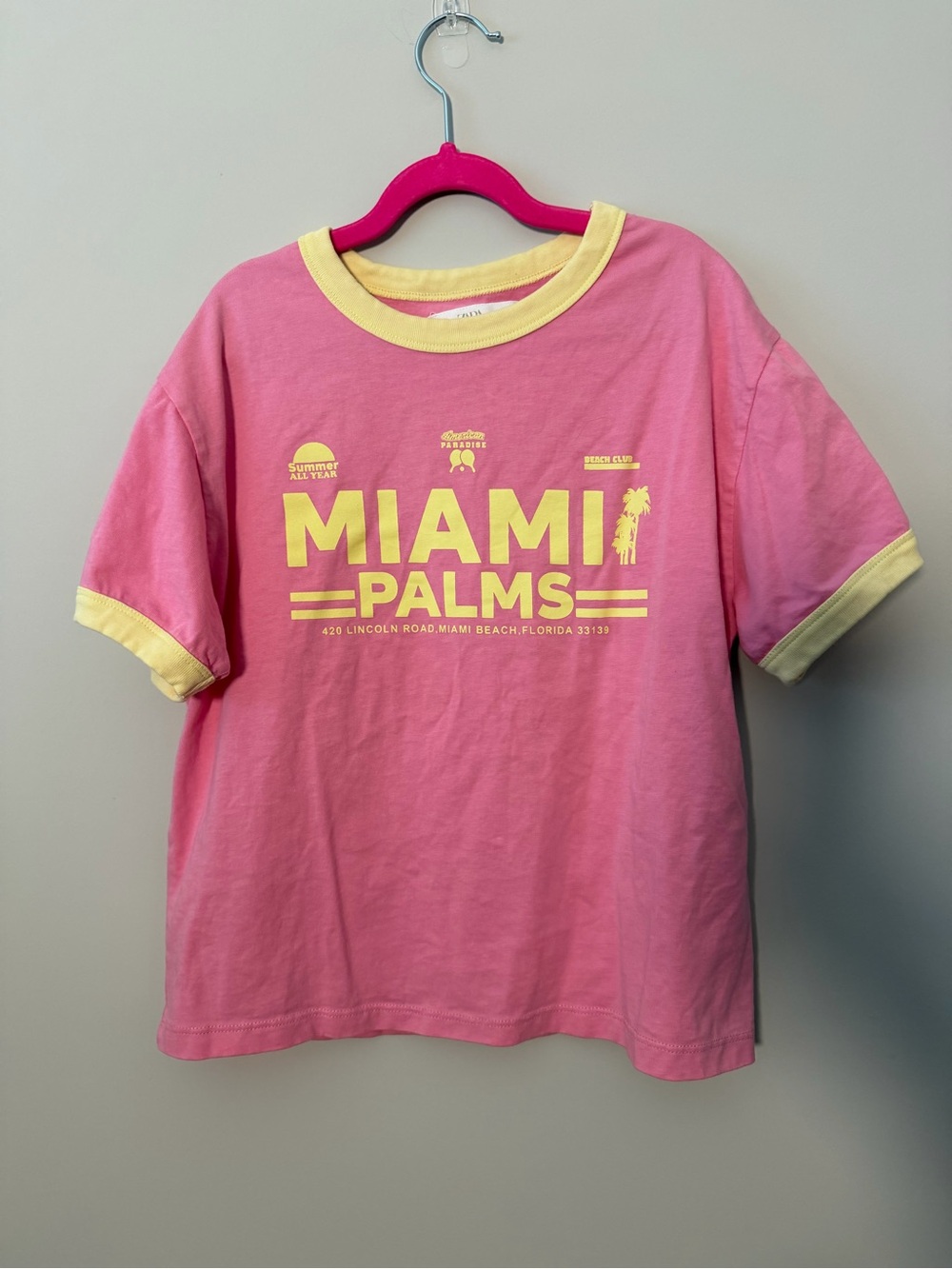 Zara Pink Short Sleeve Tee with Yellow Miami Palms Graphic